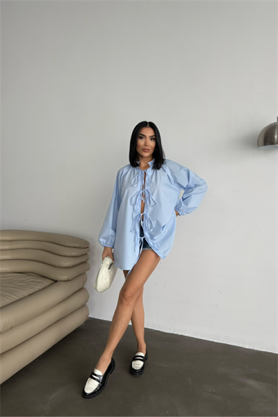 GÖMLEK POPLİN HAKİM YAKA ÖNDEN BAĞLAMA İP DETAYLI - Mavi