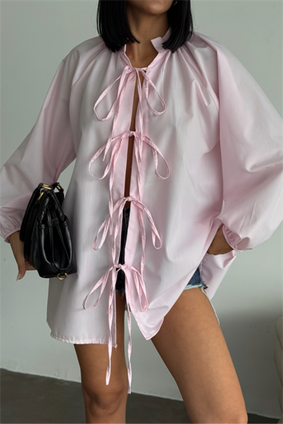 GÖMLEK POPLİN HAKİM YAKA ÖNDEN BAĞLAMA İP DETAYLI - Pembe