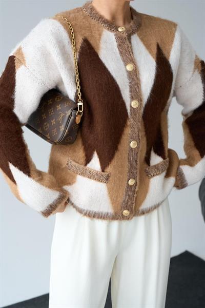 Geniş Baklava Desen Hırka - Camel-Krem