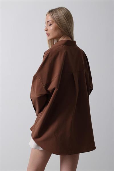 Geniş Manşet Detaylı Gömlek - Kahve