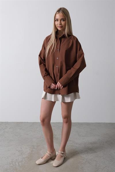 Geniş Manşet Detaylı Gömlek - Kahve