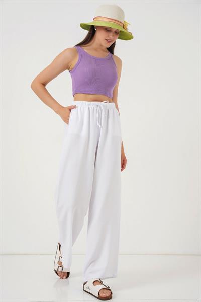 Geniş Paça Keten Pantolon 6735 - Beyaz