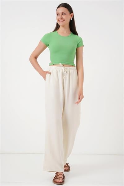 Geniş Paça Keten Pantolon 6735 - Ekru