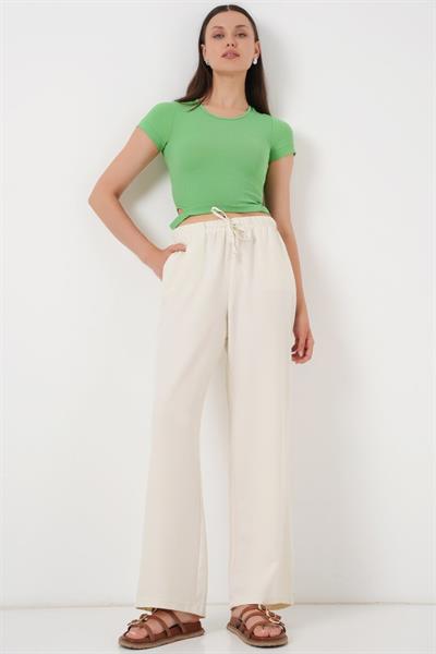 Geniş Paça Keten Pantolon 6735 - Ekru