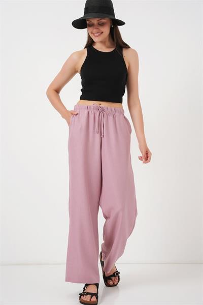 Geniş Paça Keten Pantolon 6735 - Gül Kurusu