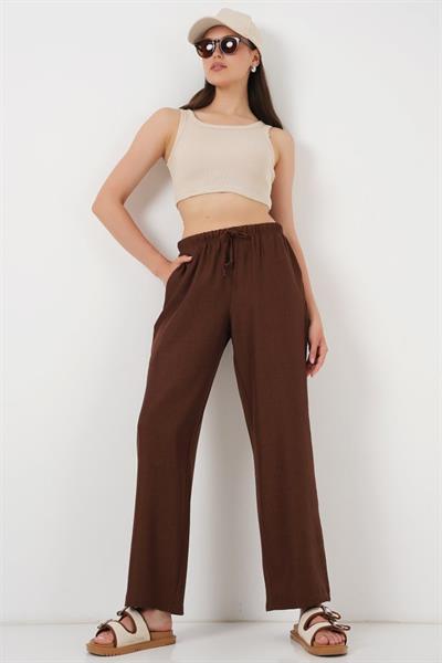 Geniş Paça Keten Pantolon 6735 - Kahverengi