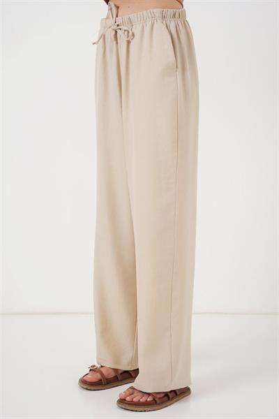 Geniş Paça Keten Pantolon 6735 - Krem