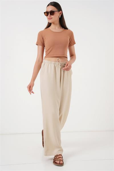 Geniş Paça Keten Pantolon 6735 - Krem