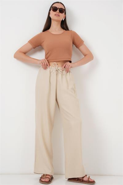 Geniş Paça Keten Pantolon 6735 - Krem