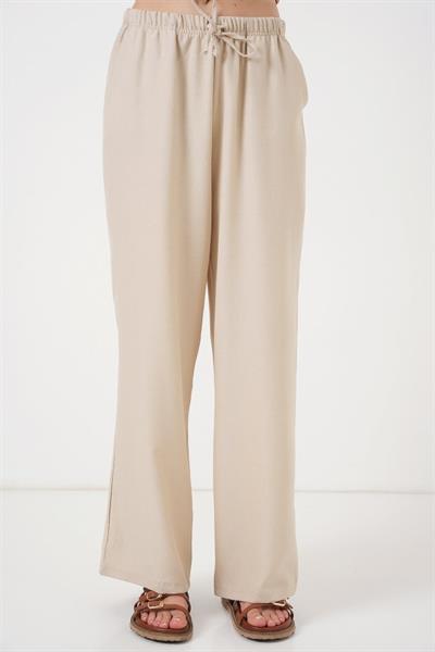 Geniş Paça Keten Pantolon 6735 - Krem