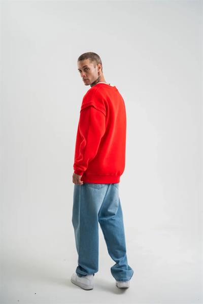 Geniş V Yaka Kol Ribana Detaylı SweatShirt - Kırmızı