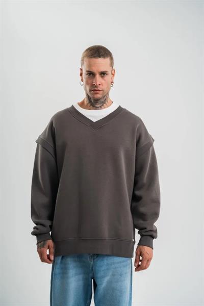 Geniş V Yaka Kol Ribana Detaylı SweatShirt - Füme