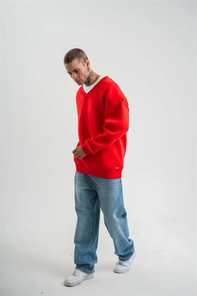 Geniş V Yaka Kol Ribana Detaylı SweatShirt - Kırmızı