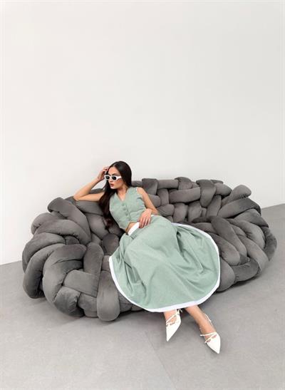 Gi̇o Çi̇zgi̇li̇ Garni̇li̇ Mi̇di̇ Etek Yelek Takim