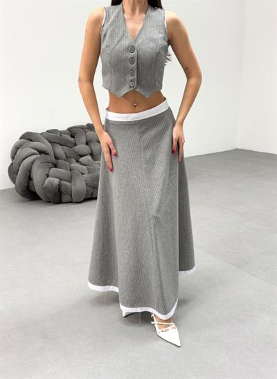 Gi̇o Çi̇zgi̇li̇ Garni̇li̇ Mi̇di̇ Etek Yelek Takim