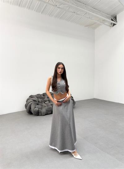 Gi̇o Çi̇zgi̇li̇ Garni̇li̇ Mi̇di̇ Etek Yelek Takim