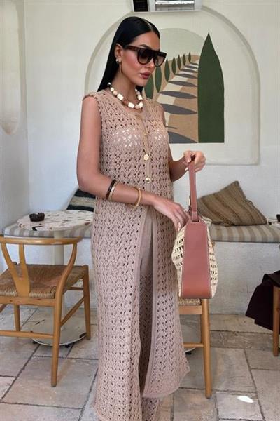 Gold Düğmeli Uzun Yelekli Ajurlu Triko Takım 10143