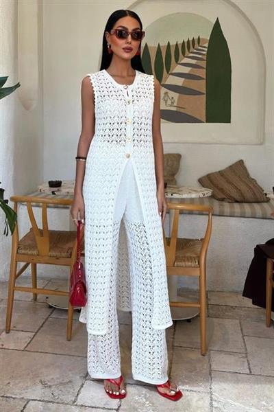 Gold Düğmeli Uzun Yelekli Ajurlu Triko Takım 10143