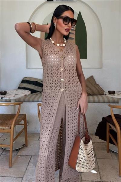 Gold Düğmeli Uzun Yelekli Ajurlu Triko Takım 10143