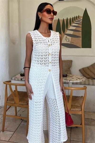 Gold Düğmeli Uzun Yelekli Ajurlu Triko Takım 10143