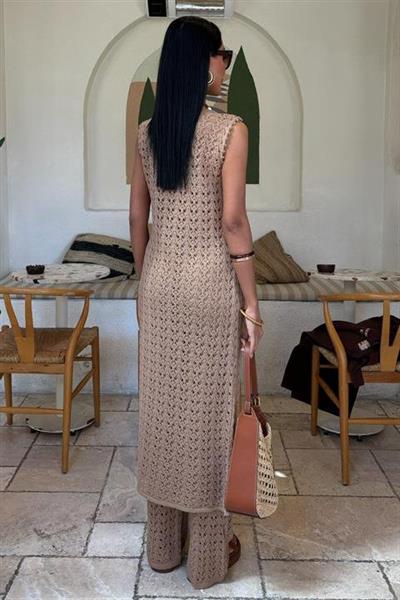 Gold Düğmeli Uzun Yelekli Ajurlu Triko Takım 10143