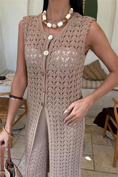 Gold Düğmeli Uzun Yelekli Ajurlu Triko Takım 10143