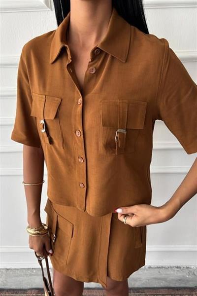 Gömlek Şort Etek Viscon Keten Takım 10162