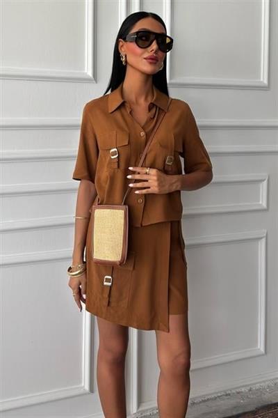 Gömlek Şort Etek Viscon Keten Takım 10162