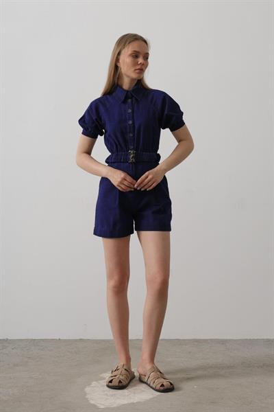 Gömlek Yaka Gabardin Tulum - İndigo