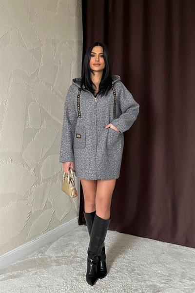 Gri Armalı Kapşonlu Peluş Ceket