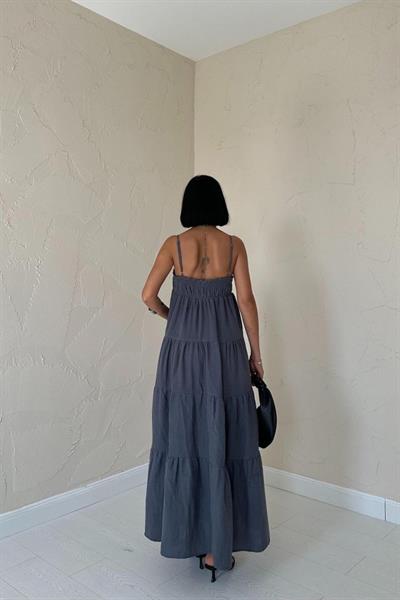 Gri Askılı Parçalı Müslin Elbise