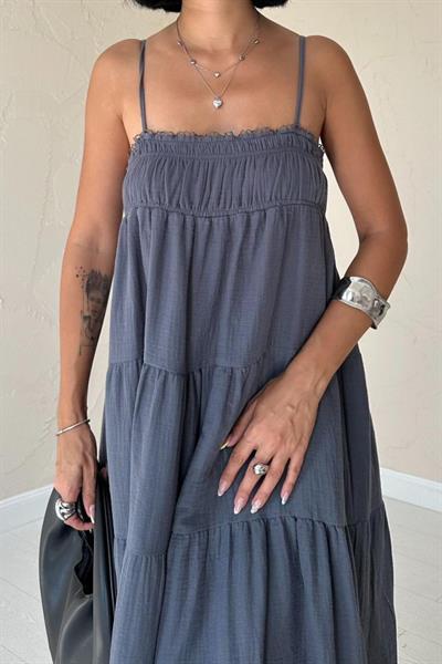 Gri Askılı Parçalı Müslin Elbise