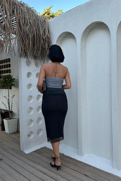 Gri Büzgülü Straplez Tül Elbise