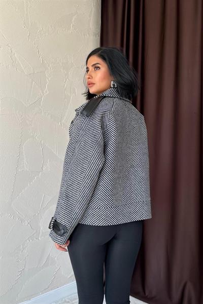 Gri Çizgili Deri Garnili Ceket