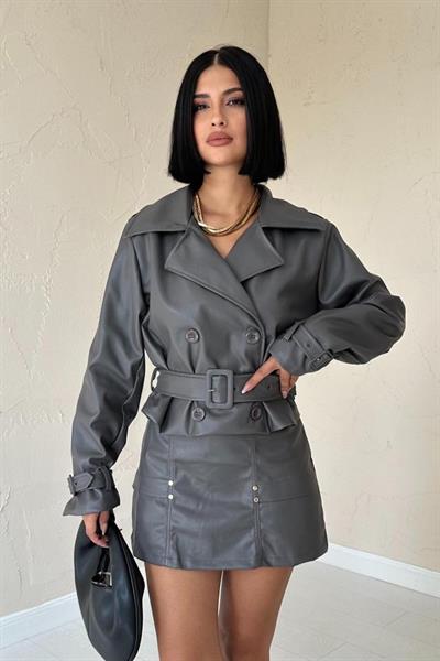 Gri Kemerli Deri Ceket