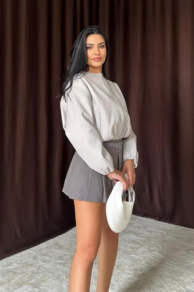 Gri Kısa Önü Fermuarlı Bomber Ceket