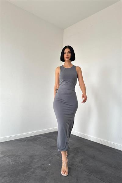 Gri Kolsuz Bisiklet Yaka Elbise