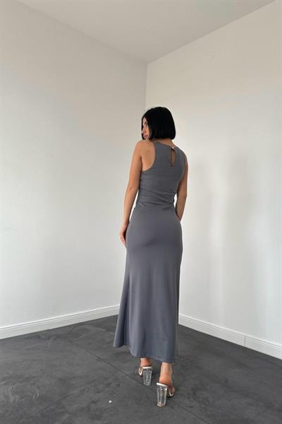 Gri Kolsuz Bisiklet Yaka Elbise