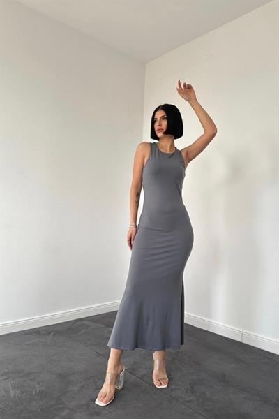 Gri Kolsuz Bisiklet Yaka Elbise