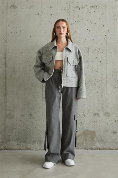 Gri Önden Fermuarlı Pantolon