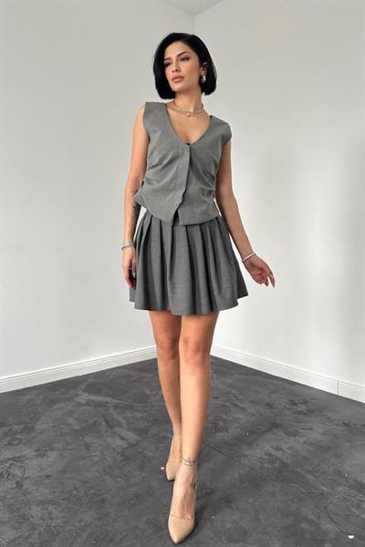 Gri Pilikaşe Mini Etek