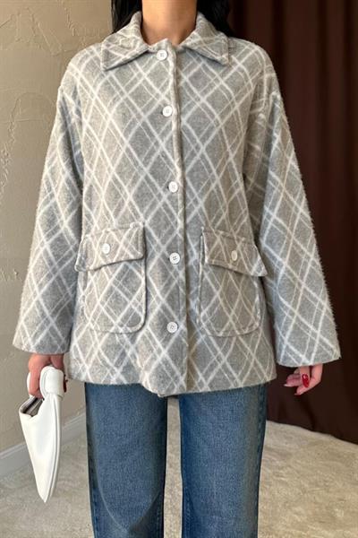 Gri Polar Baklava Ekose Ceket