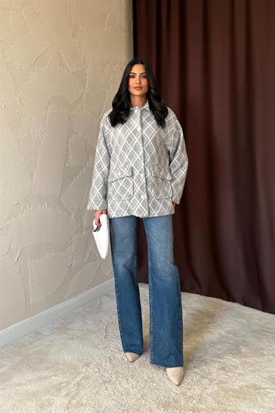 Gri Polar Baklava Ekose Ceket