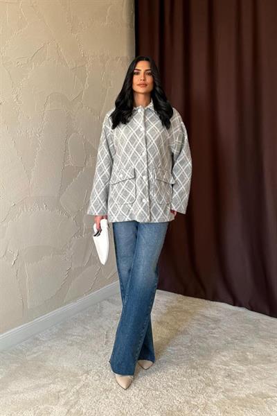 Gri Polar Baklava Ekose Ceket