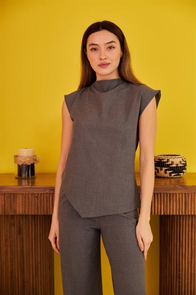 Gri Sıfır Kol Düğmeli Gömlek Takım