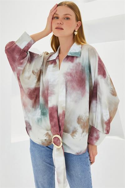 Gül Kurusu Ekru Oversize Dökümlü Saten Gömlek 907