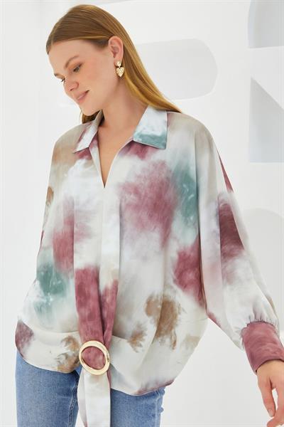 Gül Kurusu Ekru Oversize Dökümlü Saten Gömlek 907