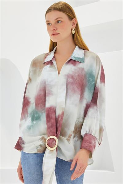 Gül Kurusu Ekru Oversize Dökümlü Saten Gömlek 907