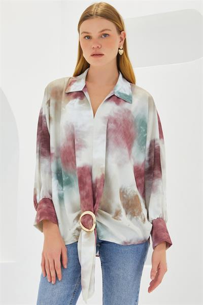 Gül Kurusu Ekru Oversize Dökümlü Saten Gömlek 907