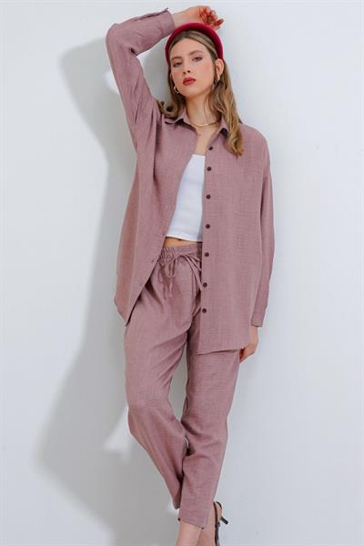 Gül Kurusu Oversize Keten Alt Üst Takım 6622
